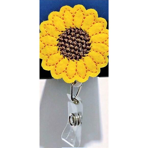 Felt Embroidered Sunflower Retractable Snap ID Holder Badge Reel Swivel Clip - Picture 1 of 7